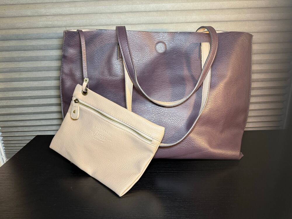 GH Bass & Co. Reversible Purple Taupe Oversized Tote Bag Matching Zip Pouch